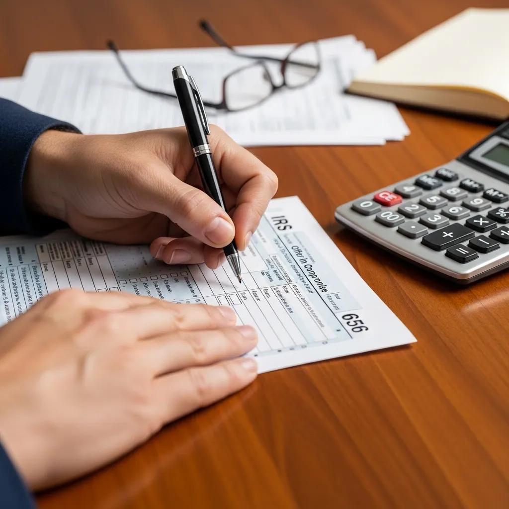 Close-up of hands completing IRS Form 656, illustrating the application process for an Offer in Compromise