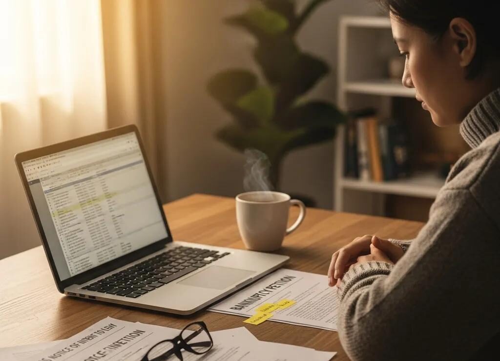 Cozy workspace with a person reviewing IRS tax debt documents, emphasizing financial relief and bankruptcy