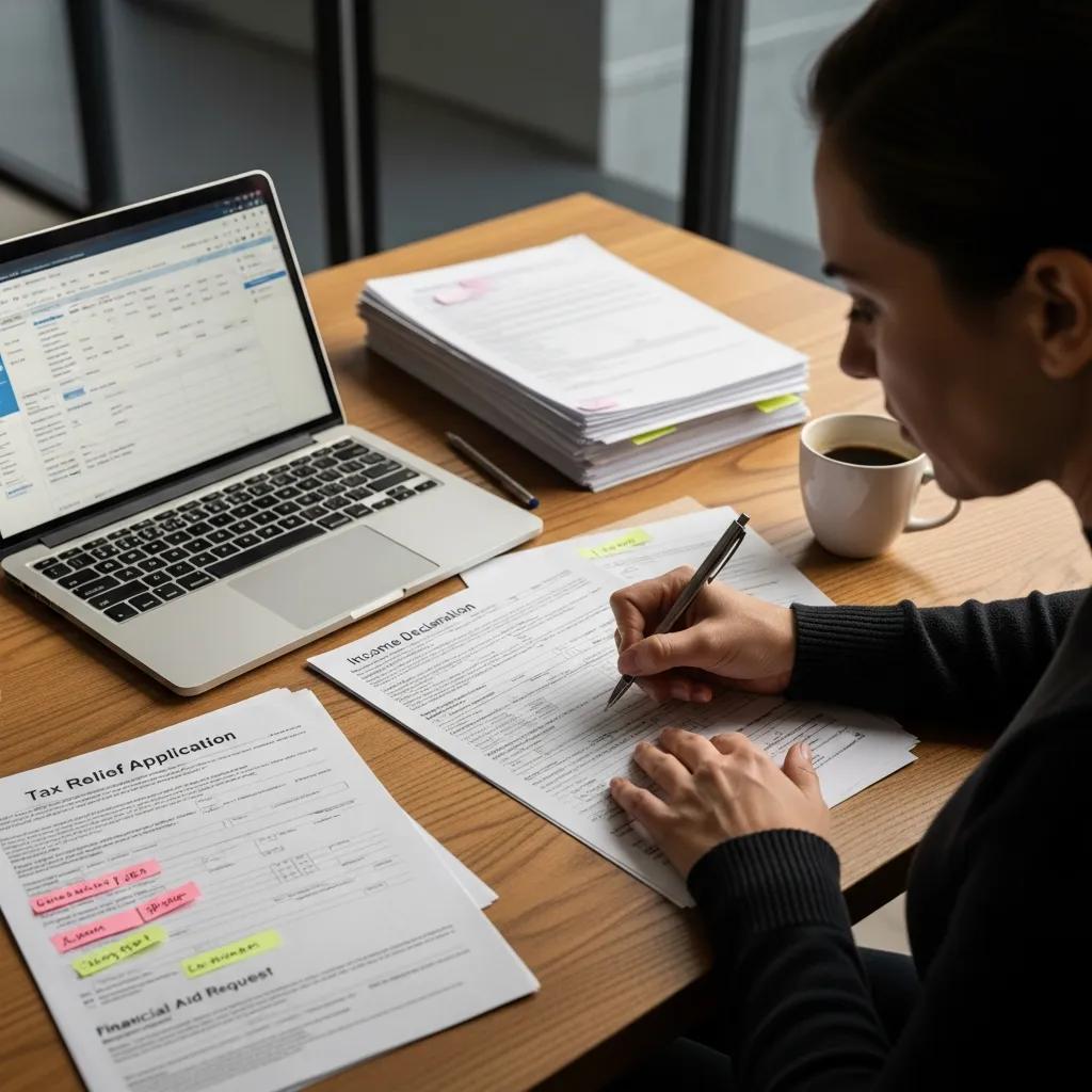 Person filling out forms at a desk, highlighting the application process for tax relief
