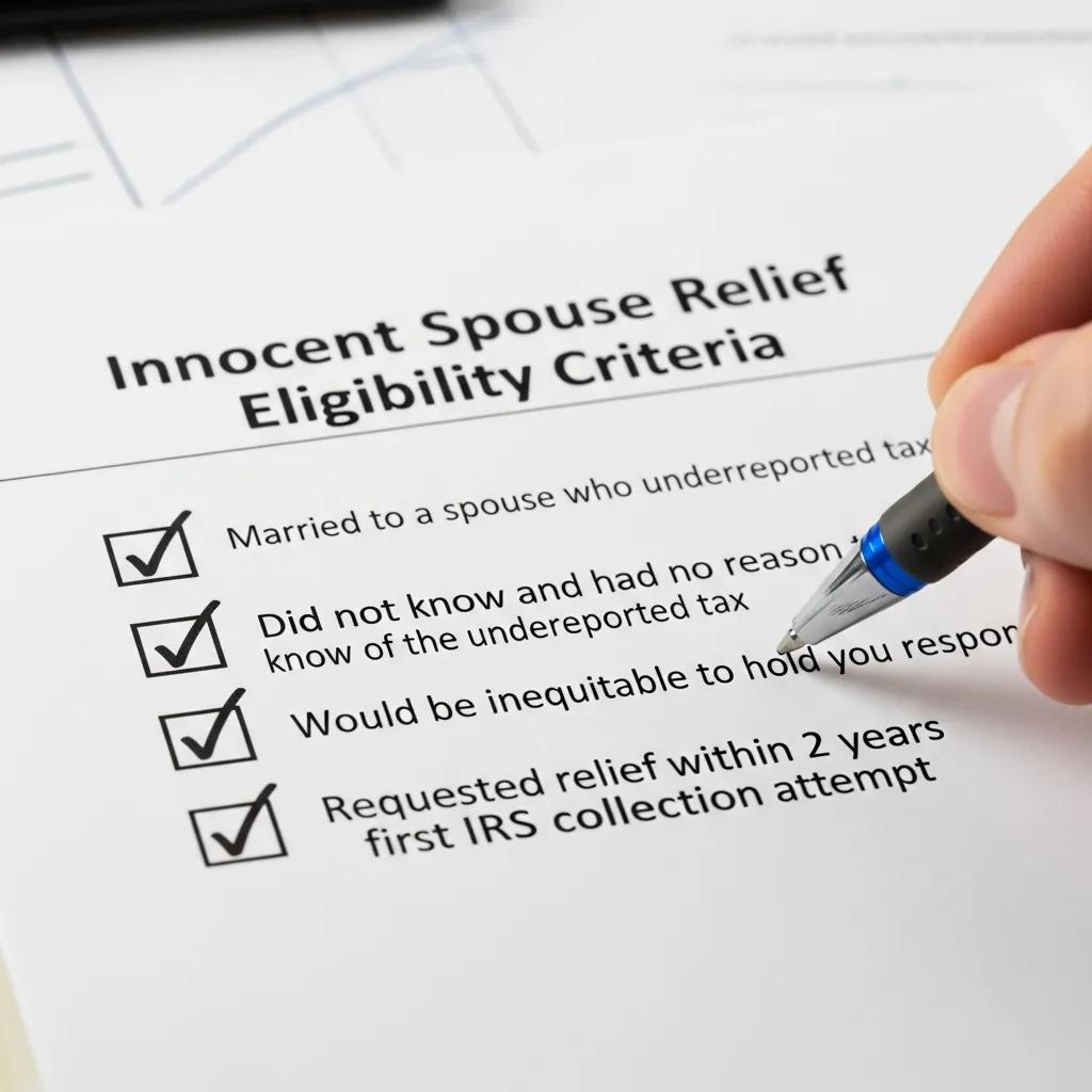 Checklist representing eligibility criteria for Innocent Spouse Relief
