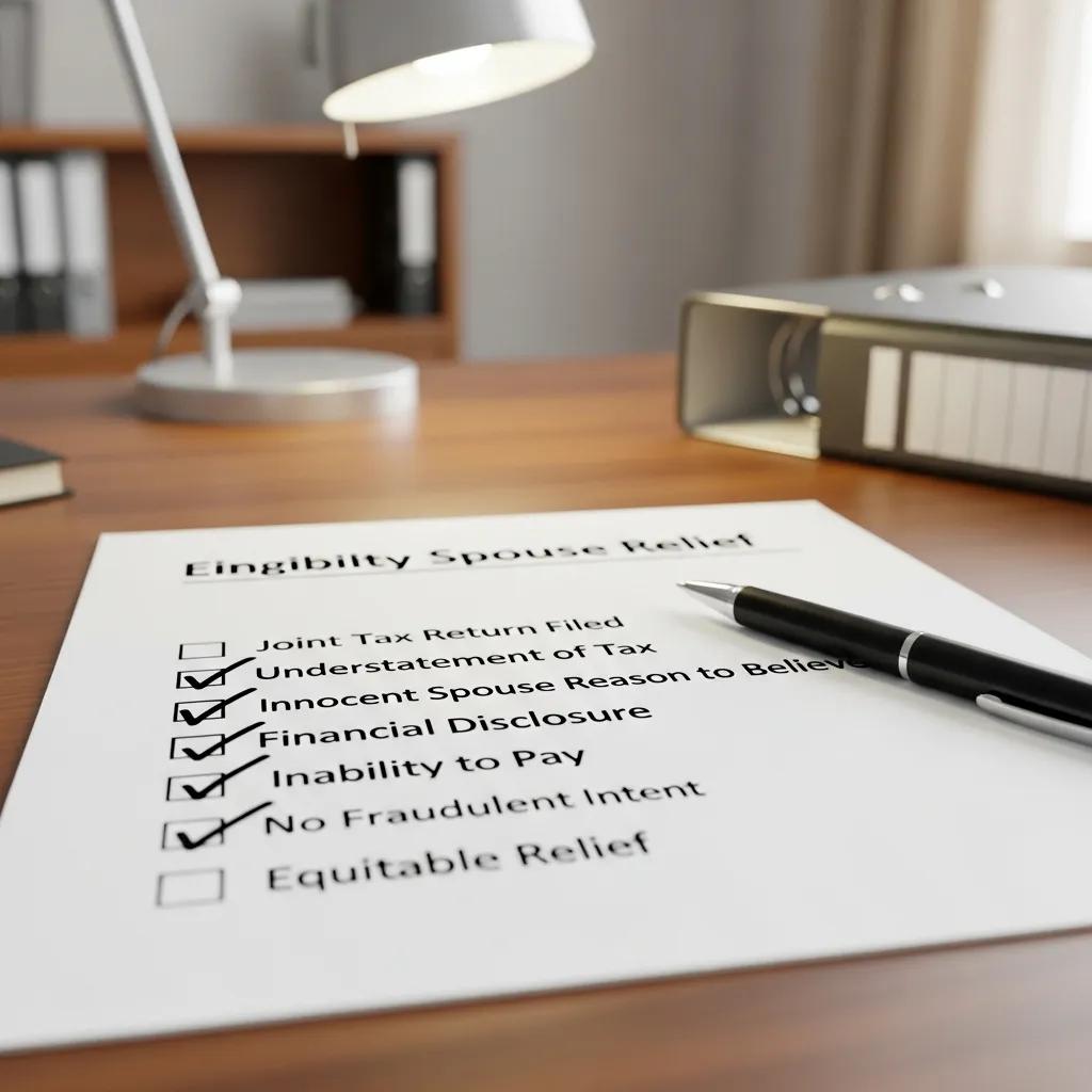 Close-up of a checklist with eligibility criteria for Innocent Spouse Relief being ticked off