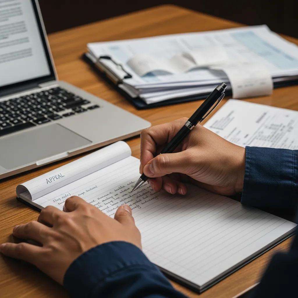 Close-up of hands writing an IRS penalty appeal letter, highlighting the appeal process