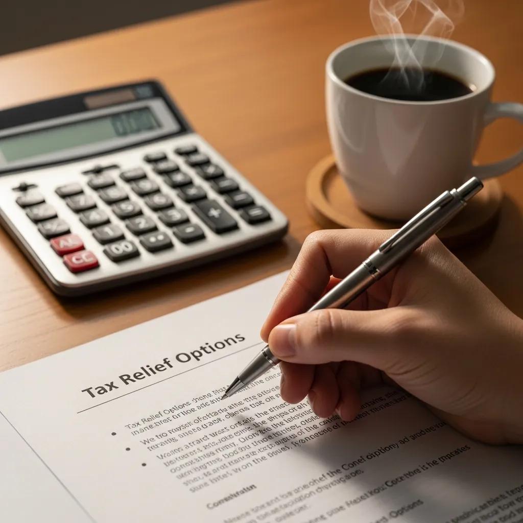 Close-up of tax relief options document with a pen, illustrating IRS tax debt settlement choices