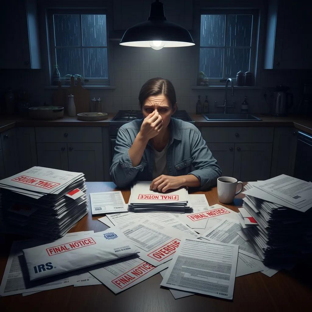 Concerned individual reviewing overdue tax bills, illustrating the risks of defaulting on IRS payment plans