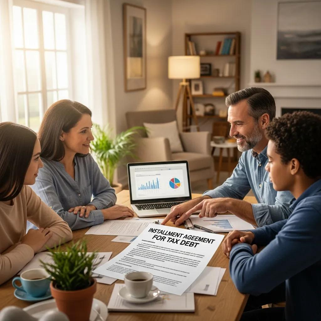 Family discussing finances with documents and a laptop, illustrating the benefits of IRS installment agreements