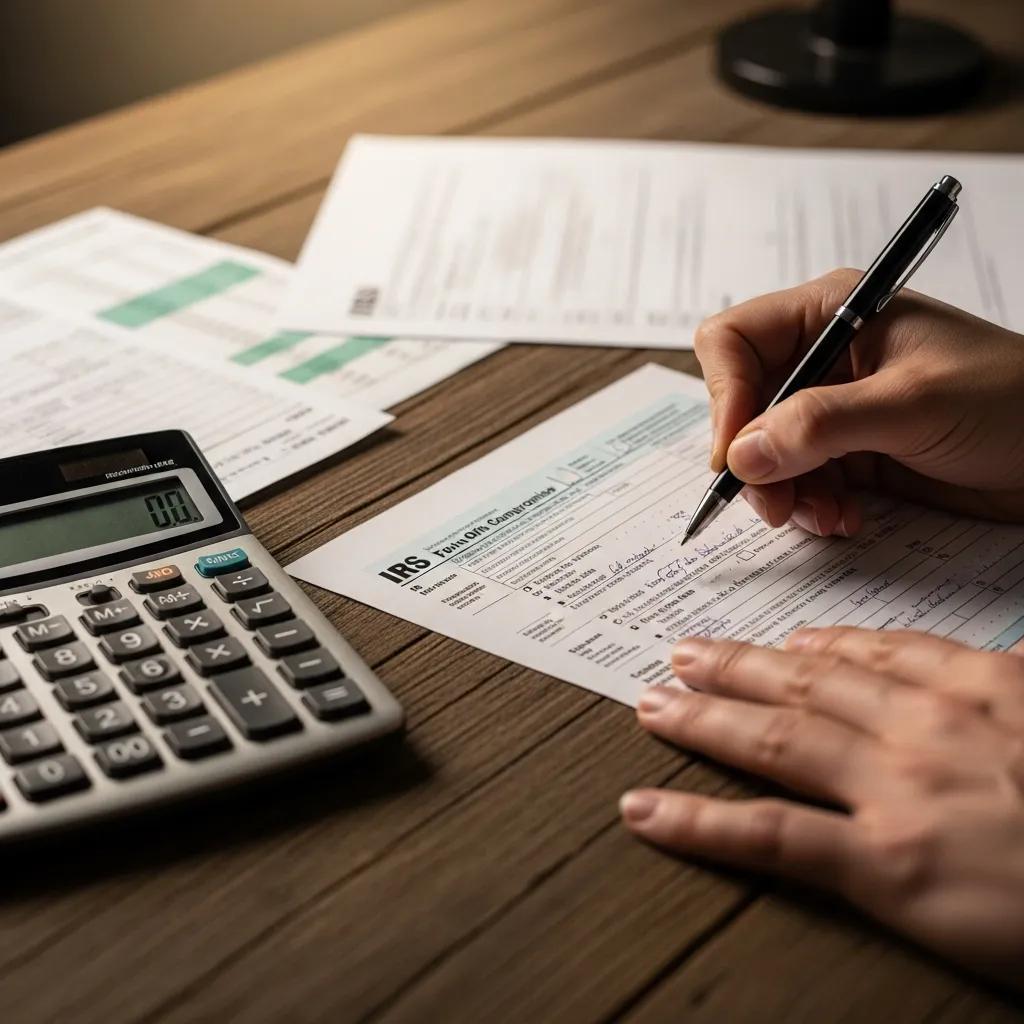 Hands completing IRS Form 656, representing the application process for an Offer in Compromise