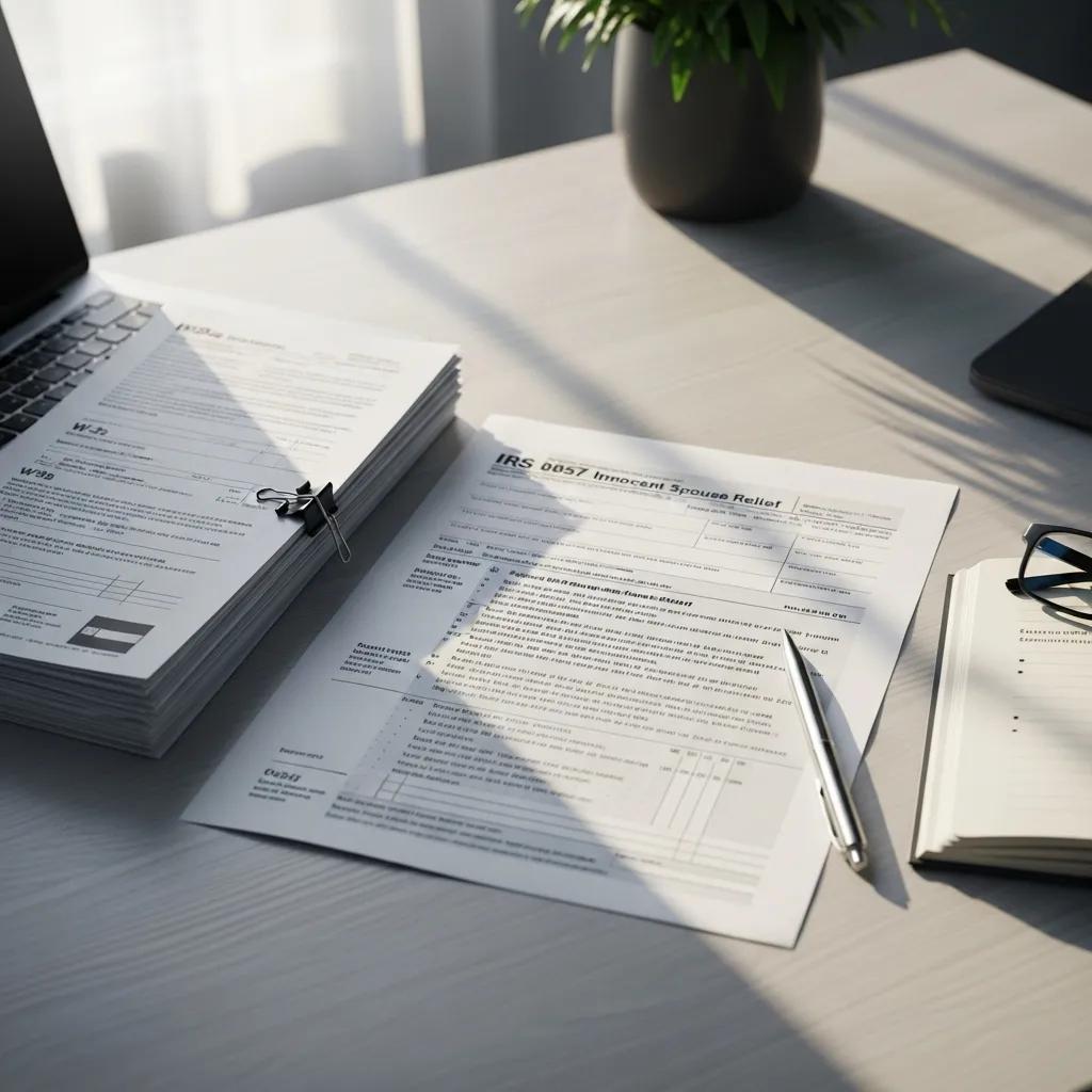 IRS Form 8857 and tax documents on a desk, emphasizing the application process