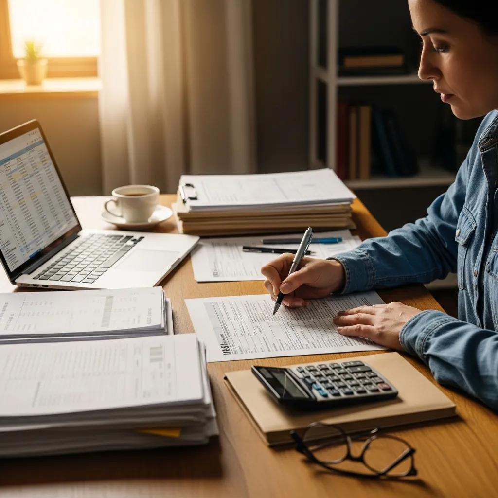 Person filling out IRS Form 8857 at a table, surrounded by organized documents, focused on the application process