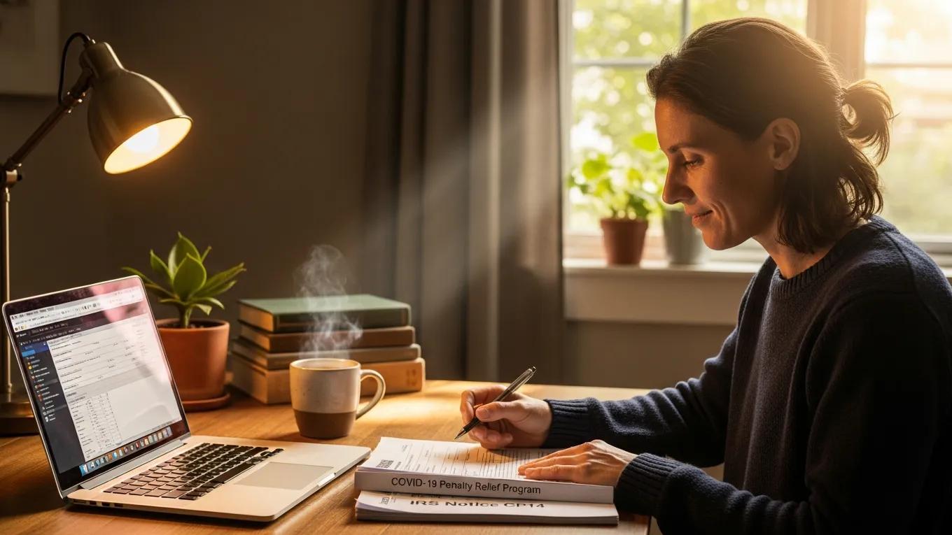 COVID Penalty Relief Under Kwong 1 cozy home office scene with a person reviewing tax documents for covid penalty relief e5c68b7d ebfb 4f82 94bd b2e40516789a COVID Penalty Relief Under Kwong